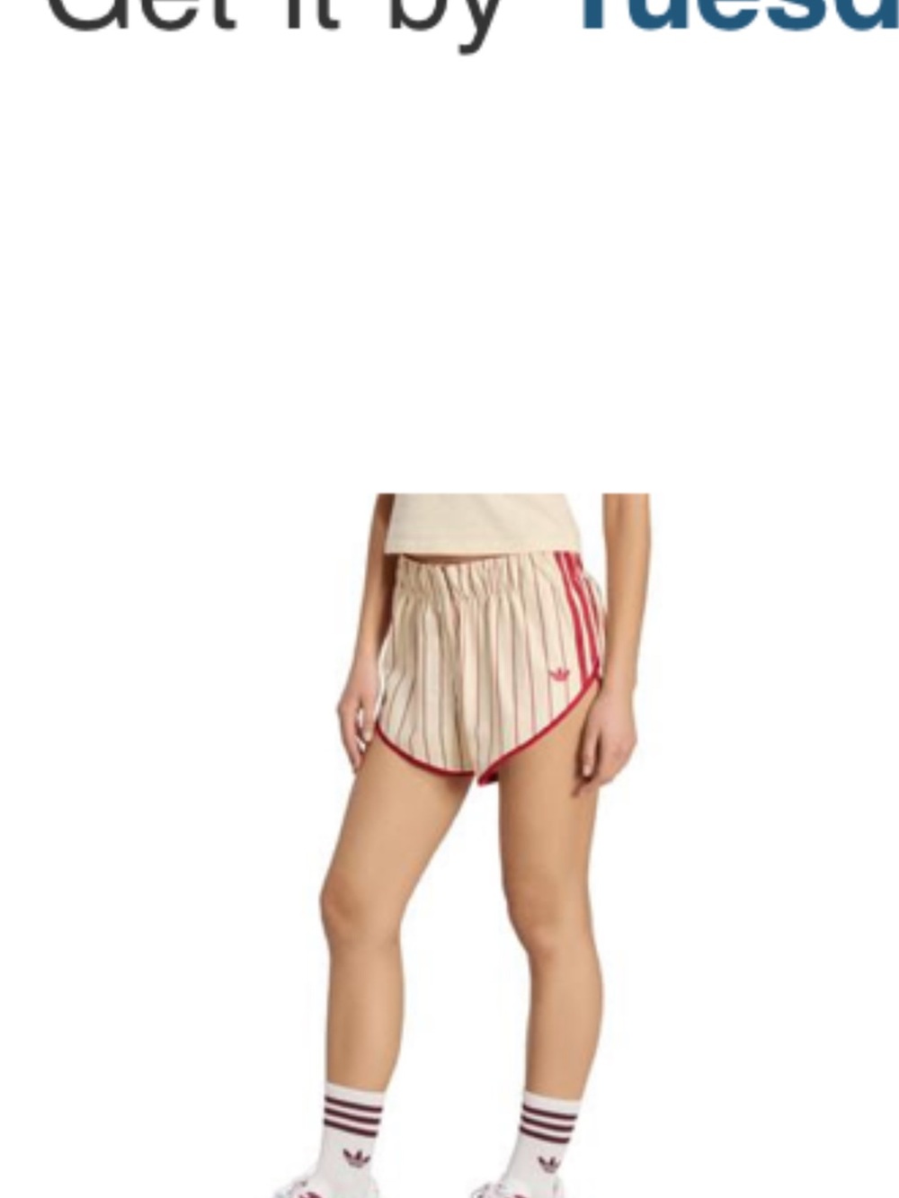 adidas Cream Pinstripe Running Shorts with Red Trim